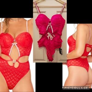 New Body Rage Cut Out Lace Teddy Bodysuit w Rhinestone Heart & Bling Detail